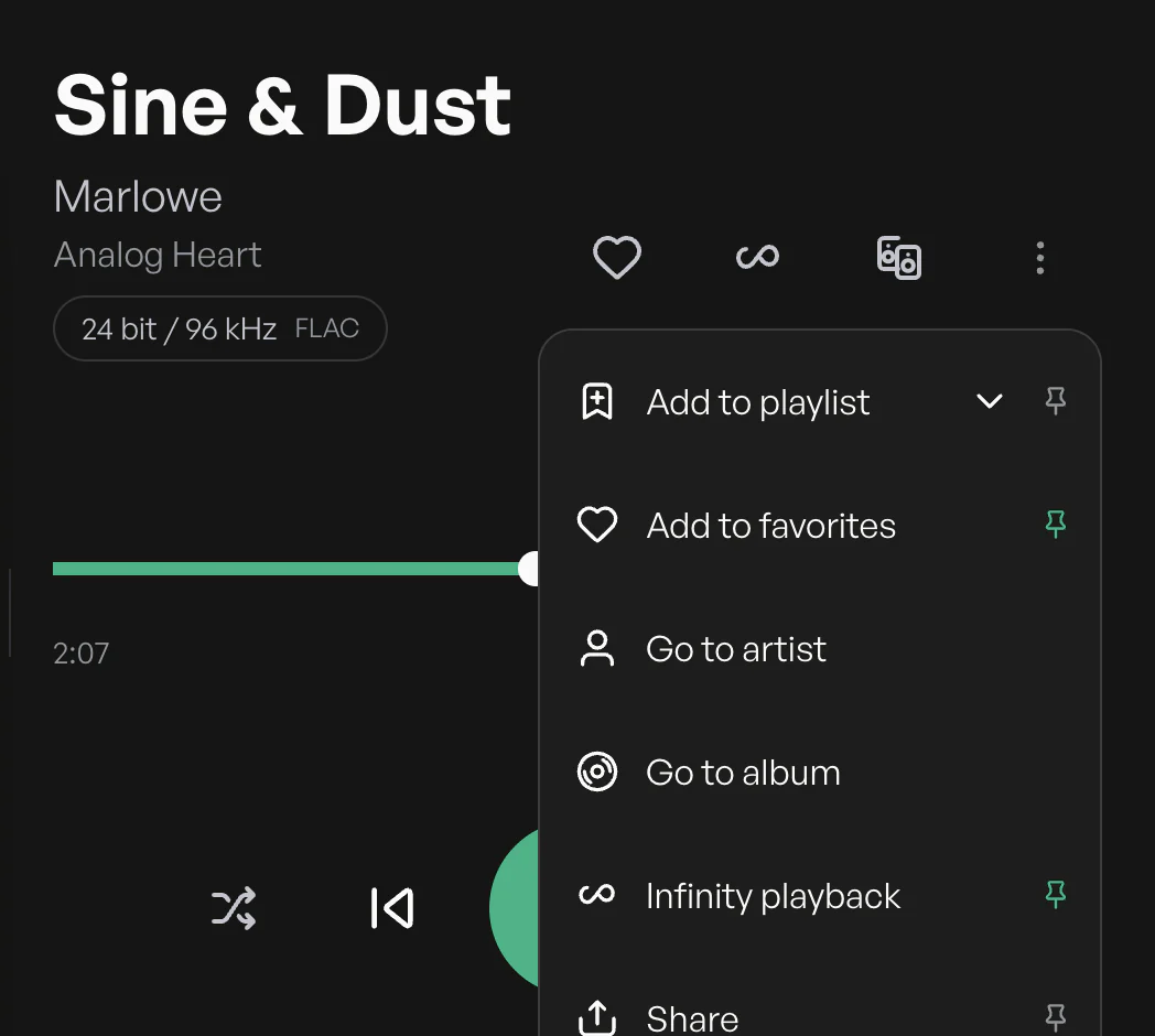 Close-up of Nova's track actions menu: Add to playlist, Share and Play in this browser are pinned and appear as buttons on the player.