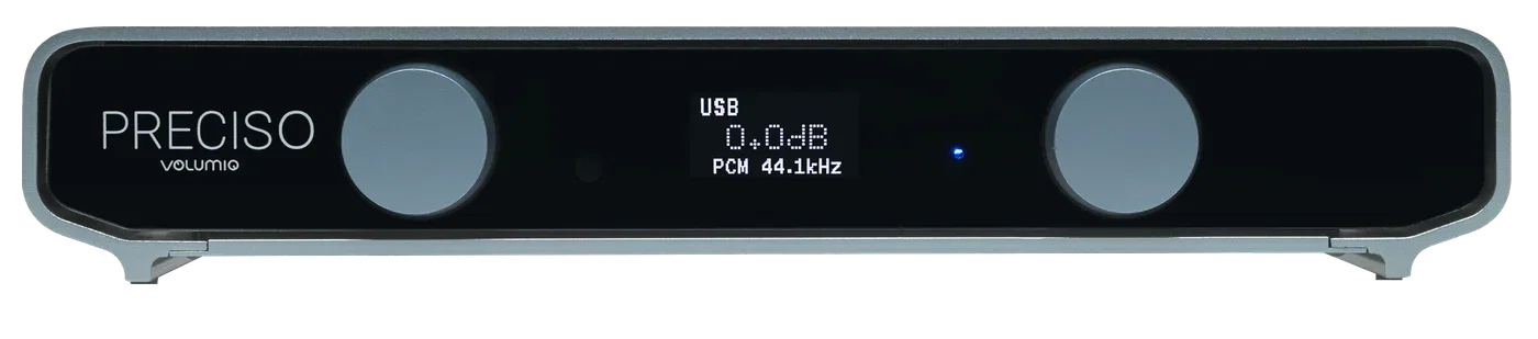 Volumio Preciso from the front: a black front panel with the Preciso name, two grey knobs and a small display that reads USB, 0.0dB and PCM 44.1kHz, in a dark grey case.