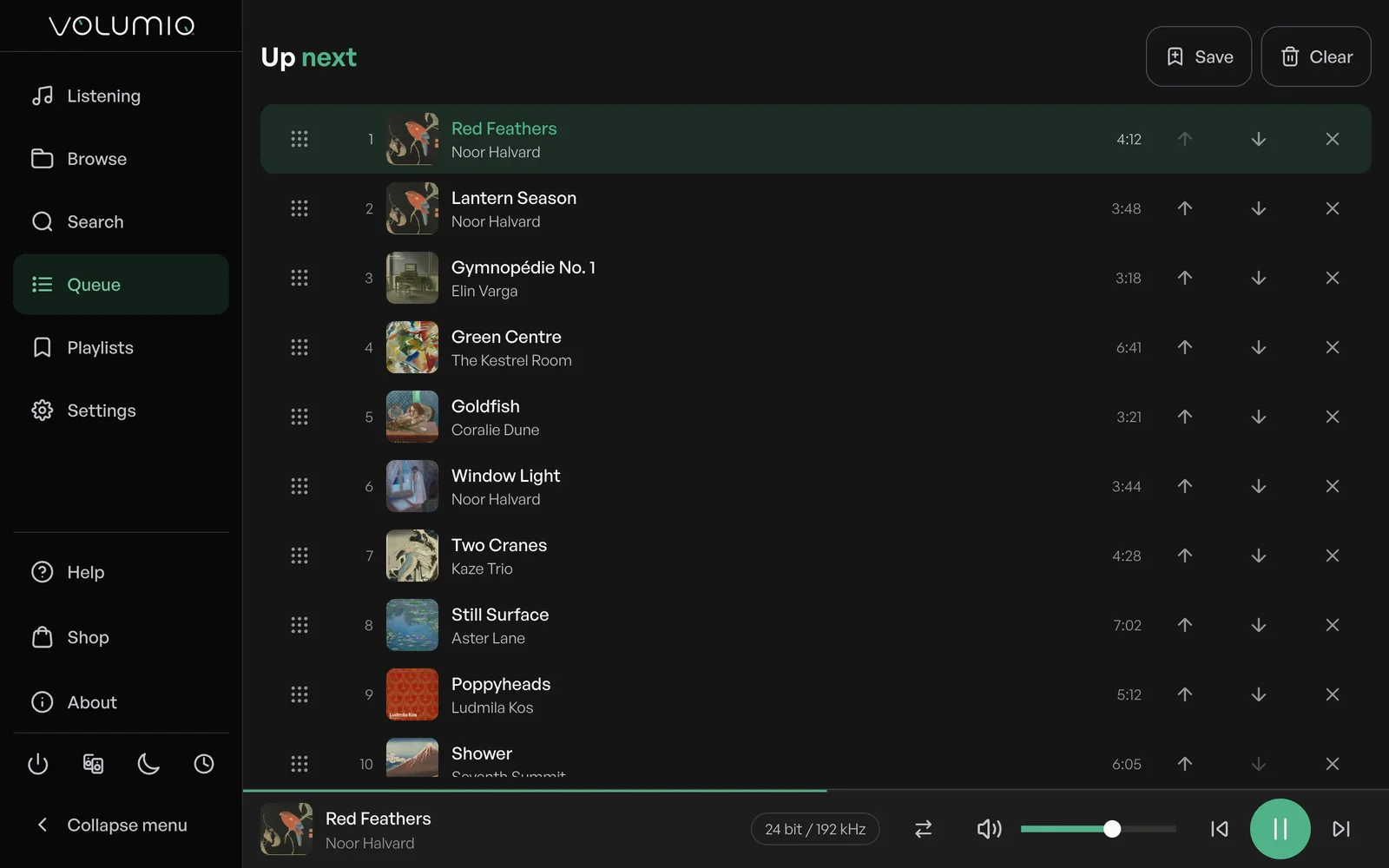 Volumio's queue: the track playing now at the top, then what plays next, each with its artwork.