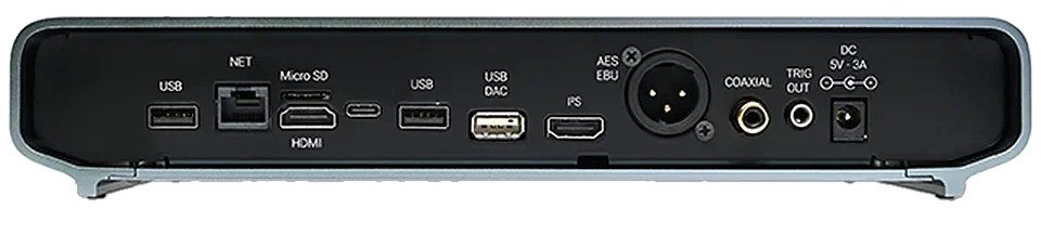 The back of Rivo Plus, labelled from left: USB, NET, Micro SD, HDMI, a USB-C port, USB, USB DAC, I2S, AES EBU, COAXIAL, TRIG OUT and DC 5V-3A.
