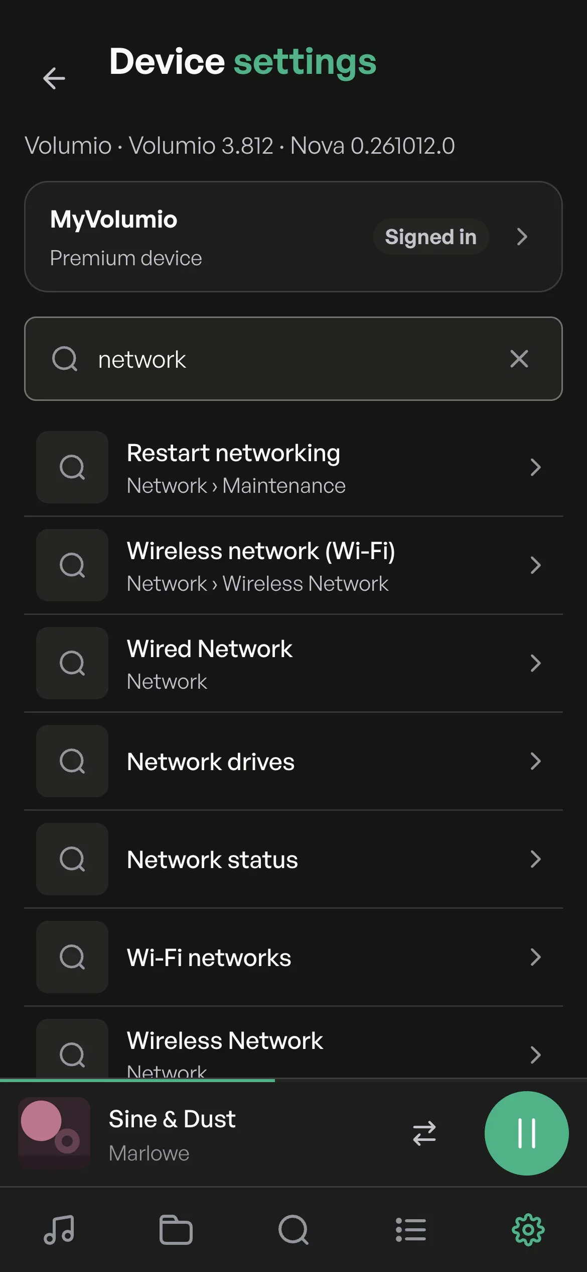 Nova's settings search for network on a phone.