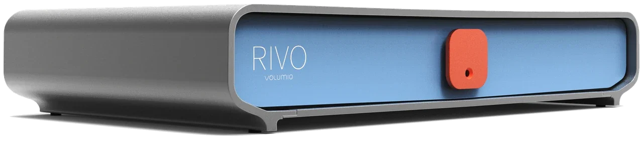Volumio Rivo in the Classic finish, seen from the front left: a grey case with a light blue front, the Rivo name and a square orange button.