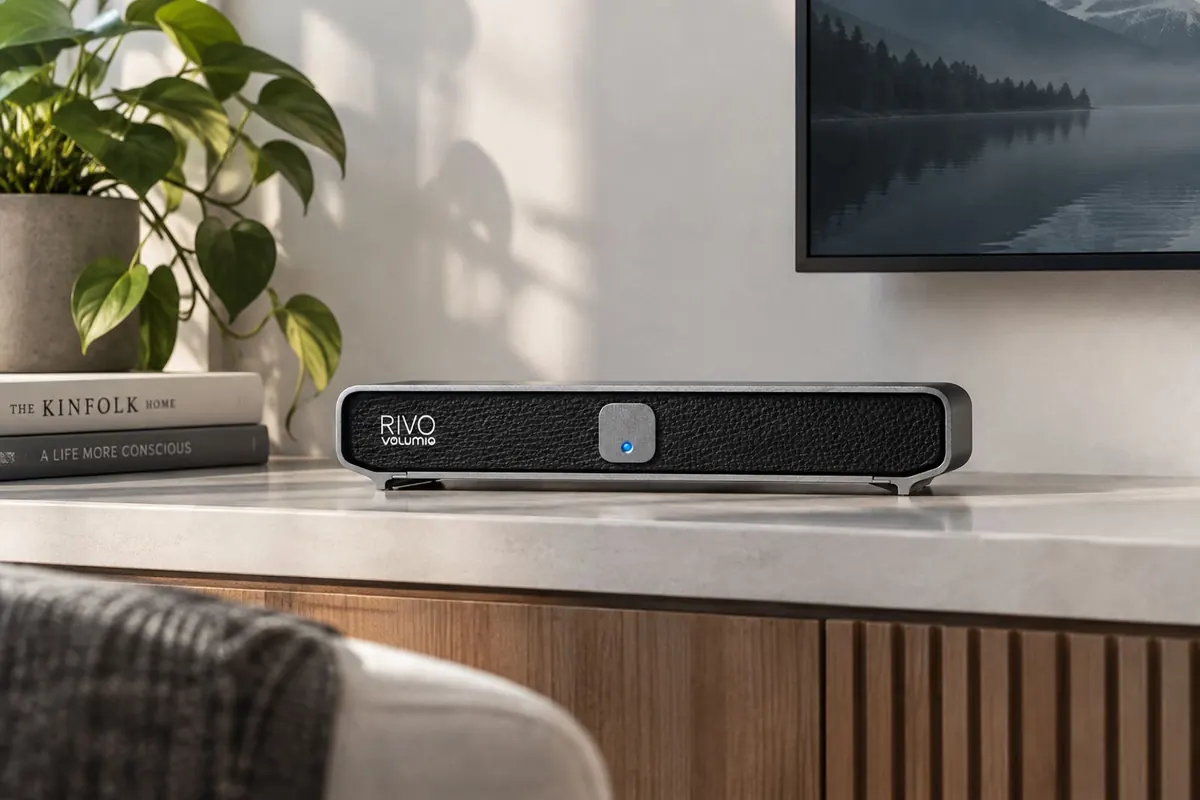 Rivo Black Edition on a white stone top under a TV, next to a plant and two books.