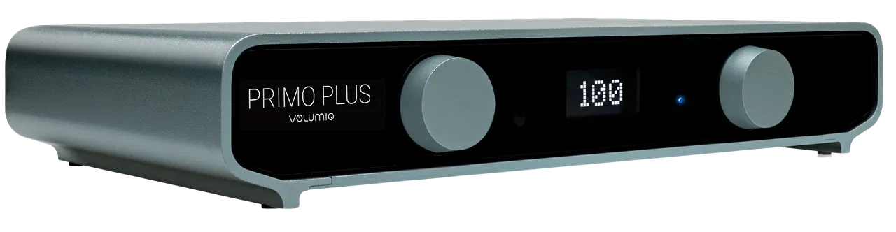 Volumio Primo Plus seen from the front left, with its two knobs and the small OLED display.