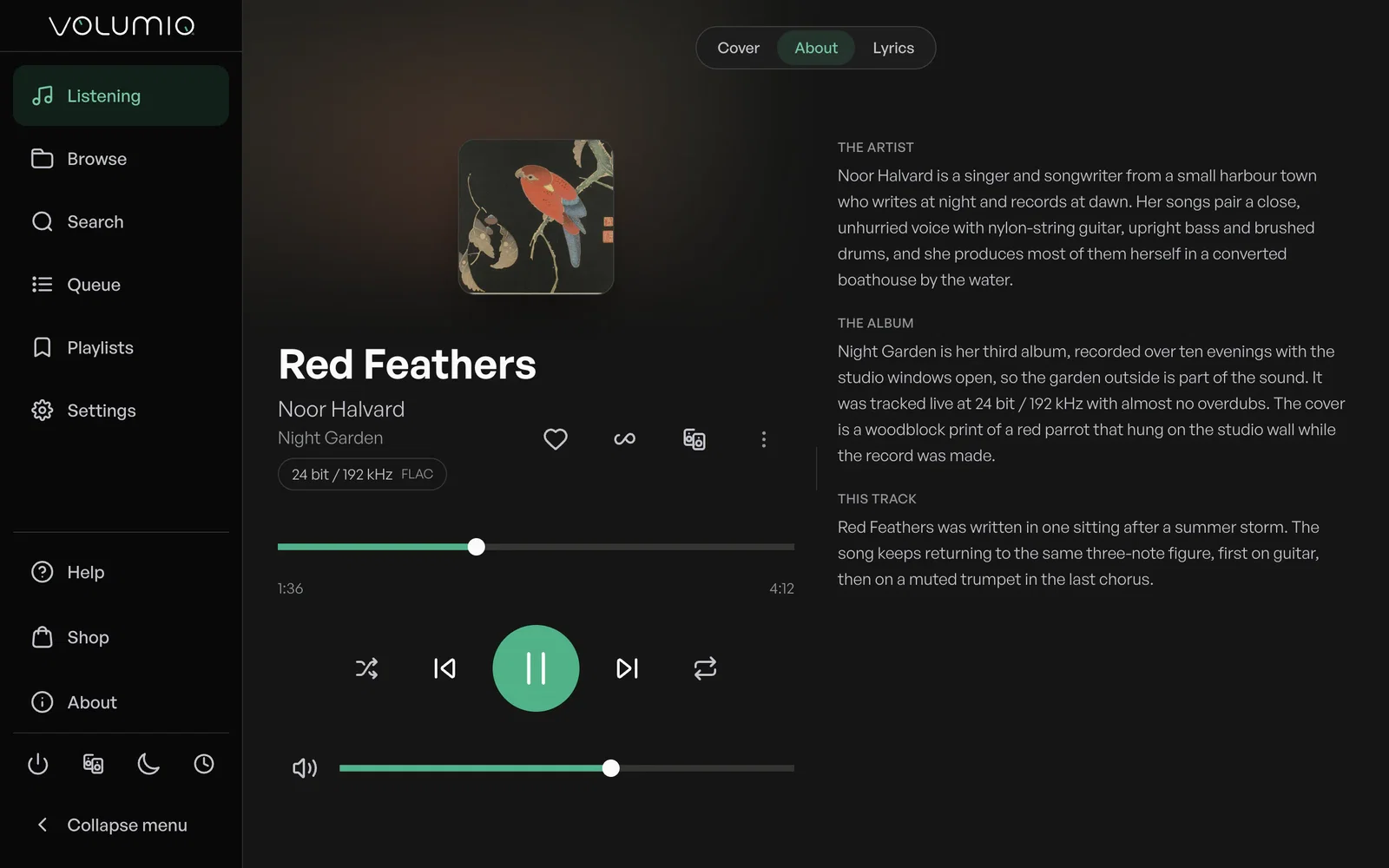 Volumio's About view next to the player: short stories about the artist, the album and the track.