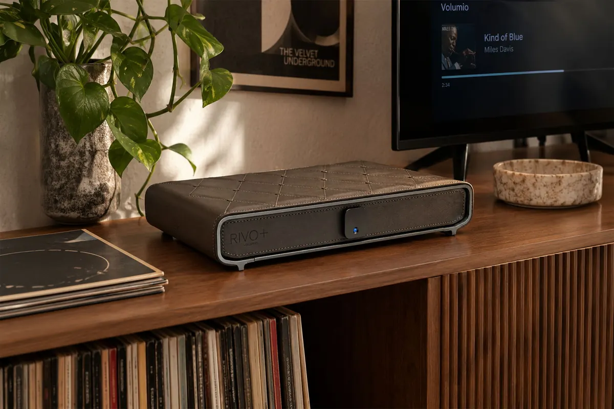 Rivo Plus Special Edition on a wooden sideboard, with brown leather on the front and a diamond-stitched top, next to a plant, records and a TV.