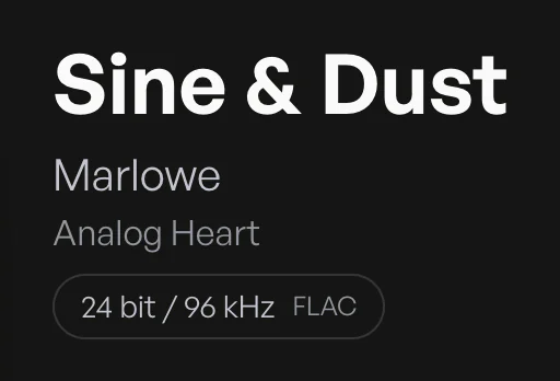 Close-up of the track details in Nova: Sine and Dust by Marlowe, with a 24 bit / 96 kHz FLAC badge.
