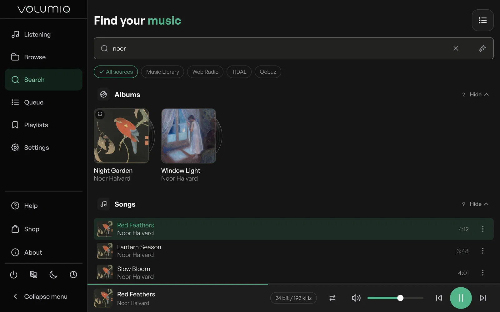 Volumio's search results, grouped into albums and songs.