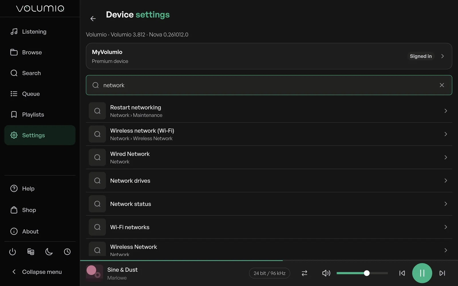 Nova's settings search with results for network.