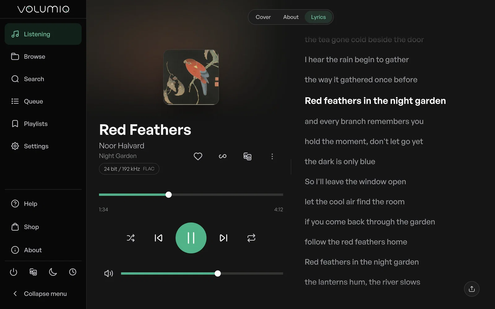 Volumio's lyrics view next to the album artwork, with the current line highlighted.
