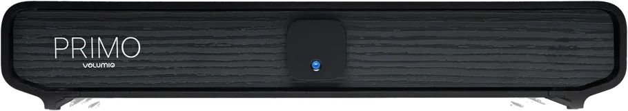 Primo V3 from the front: a black case with a wood-textured front, the Primo name and a square button with a blue light.