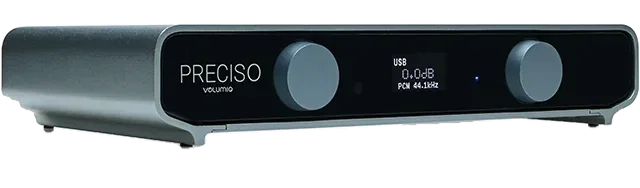 Preciso from the front left: a dark grey case with two knobs and a small display.