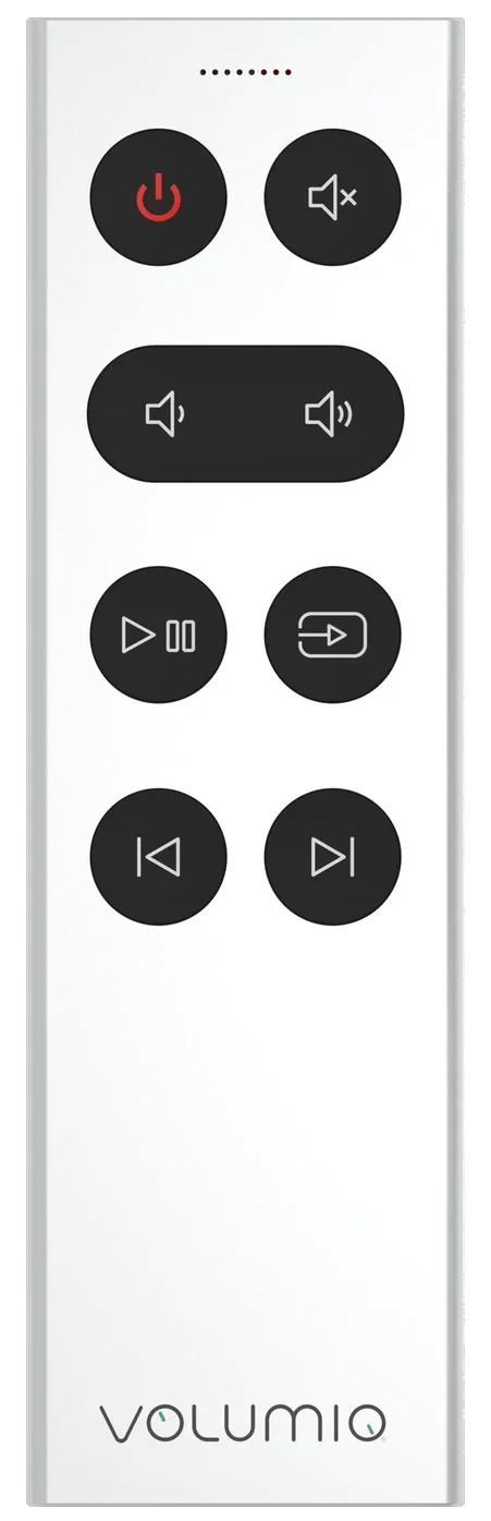 Remoto from the front, with a row of small dots at the top. Its black buttons carry, from the top: a red power symbol and a speaker with a cross; a wide button with a speaker symbol at each end; play and pause, and a box with an arrow pointing into it; skip back and skip forward. VOLUMIO is printed at the bottom.