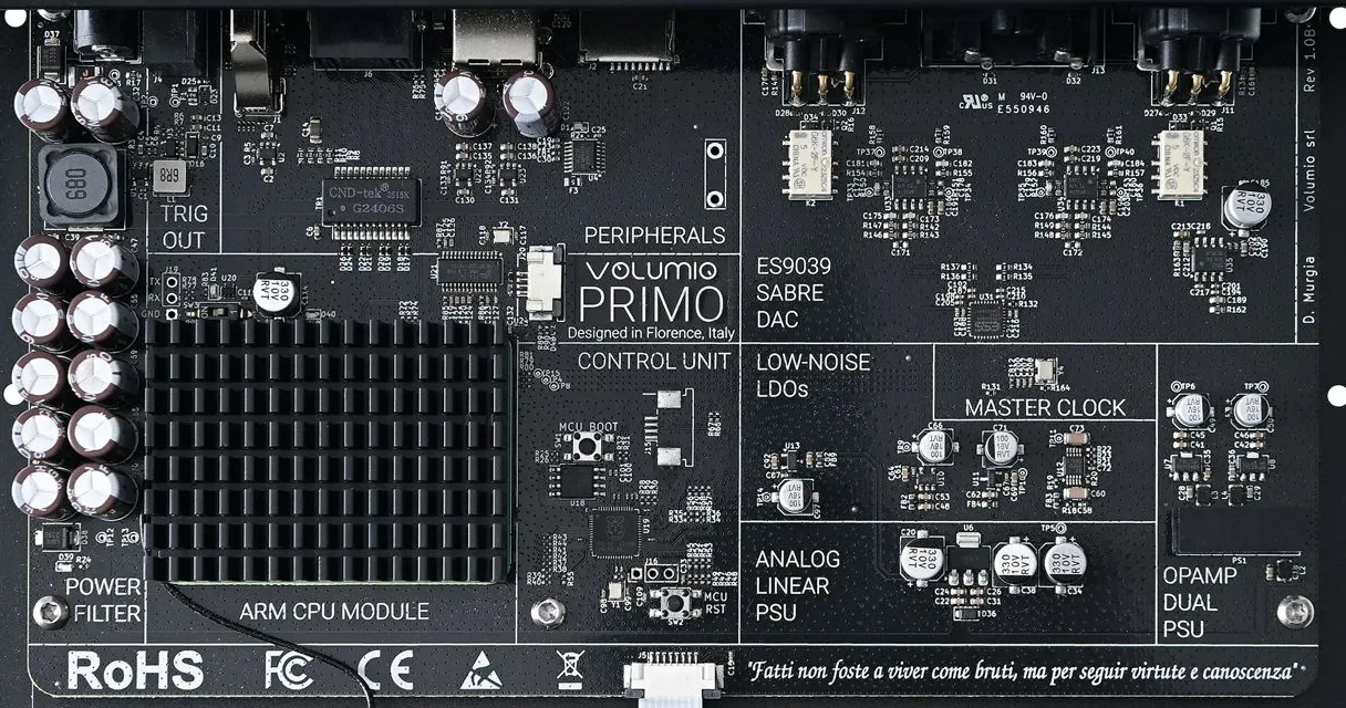The Primo V3 main board, with each section named on the board: ARM CPU module, control unit, peripherals, ES9039 Sabre DAC, low-noise LDOs, master clock, analog linear PSU, op-amp dual PSU, trigger out and power filter. A line of Italian verse runs along the bottom edge.