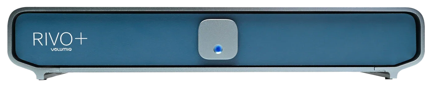 Volumio Rivo Plus in the Classic finish, from the front: a deep blue front panel with the Rivo+ name and a square grey button lit in blue, in a grey case.