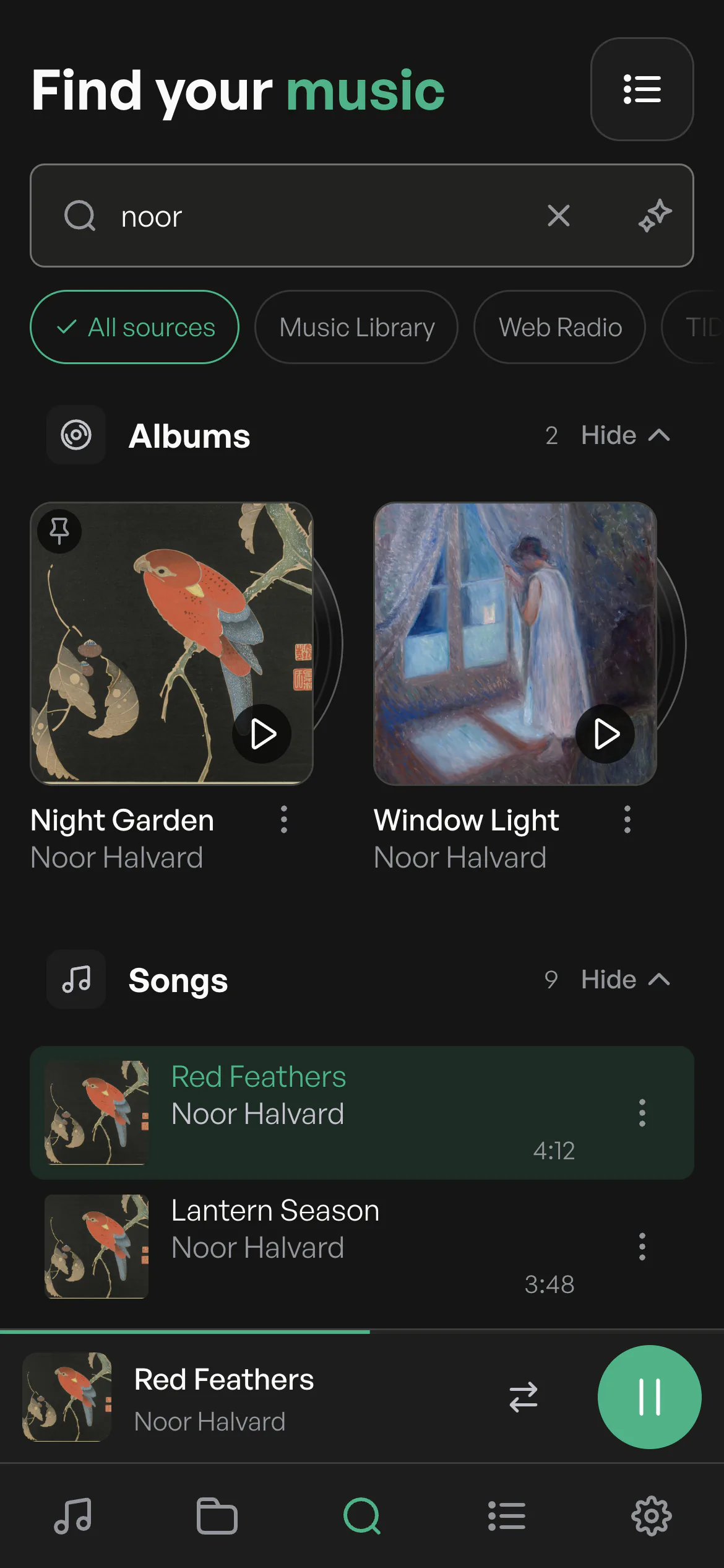 The Volumio app: search results grouped into albums and songs.