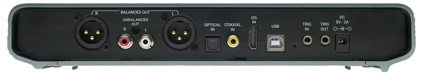 The back of Preciso, labelled from left: BALANCED OUT R and L on two XLR sockets, with UNBALANCED OUT R and L on two RCA sockets between them, then OPTICAL IN, COAXIAL IN, I2S IN on an HDMI socket, USB, TRIG IN, TRIG OUT and DC 5V - 2A.