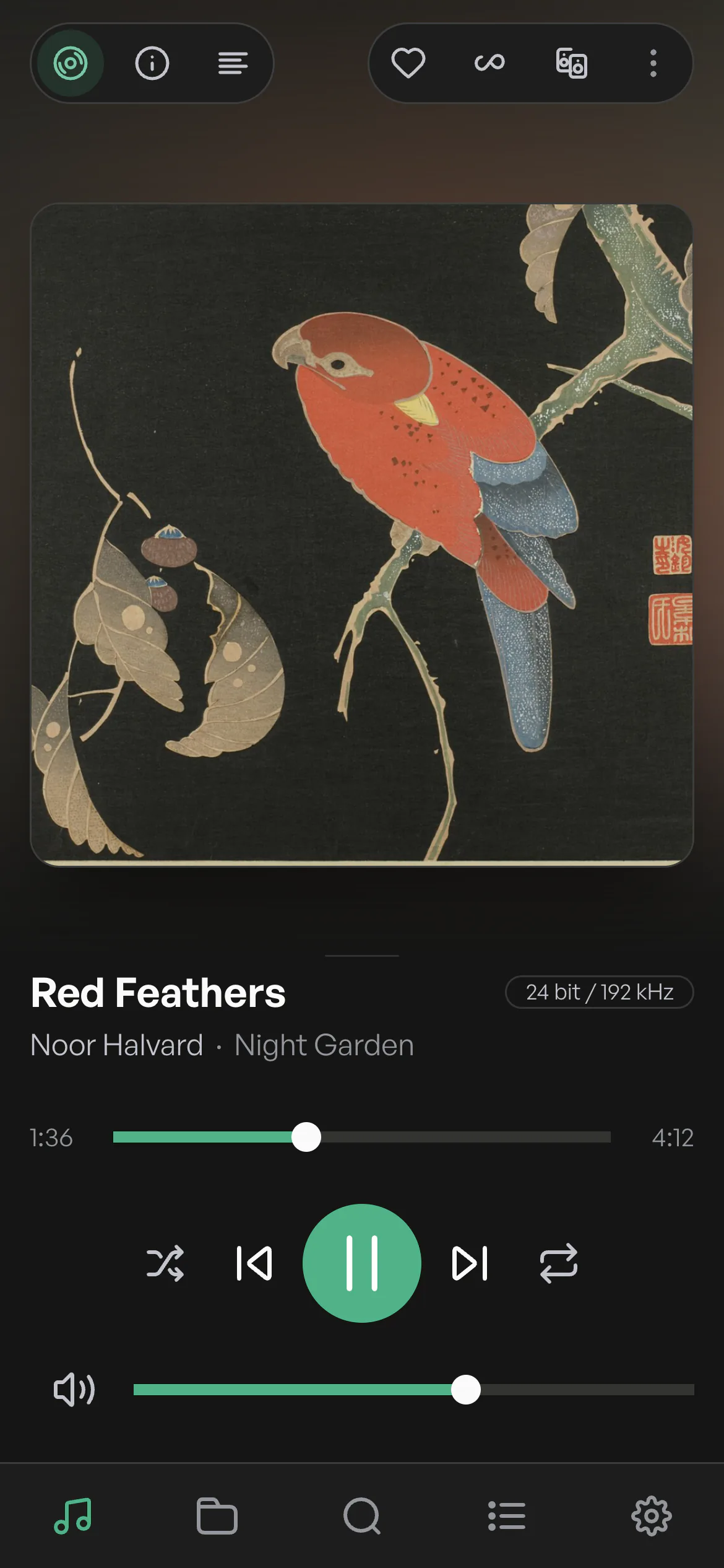 The Volumio app on a phone, playing an album: the cover, the controls and the volume.