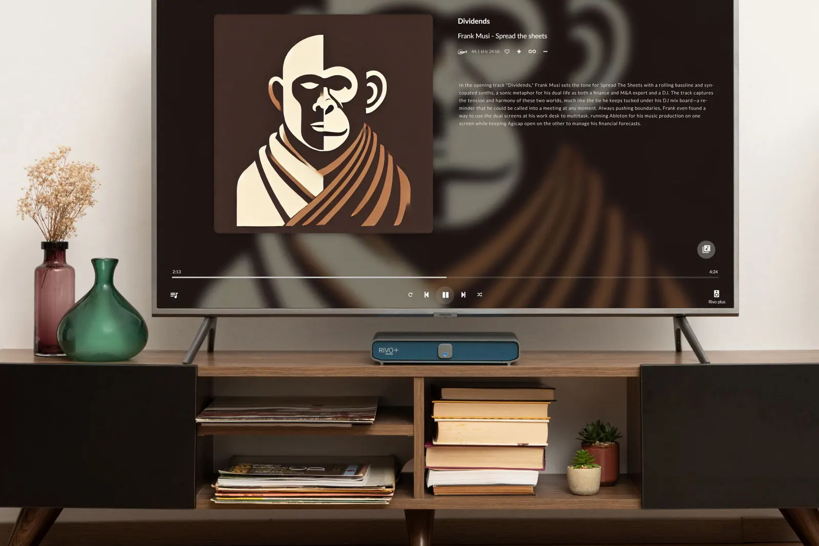 A living room with a TV showing album art and track details, above a dark wooden sideboard with books, records and Rivo Plus.