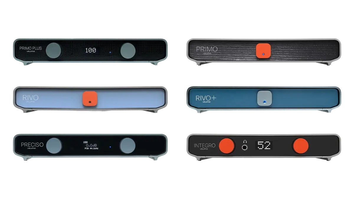 Volumio Primo Plus, Primo V2, Rivo, Rivo Plus, Preciso and Integro from the front.