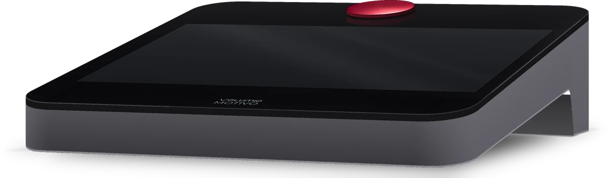 Motivo from the front left, with its screen and red button on top.
