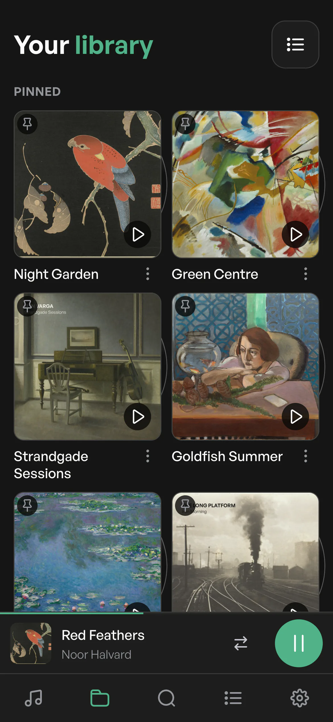 The Volumio app on an iPhone: your library, with pinned albums at the top.